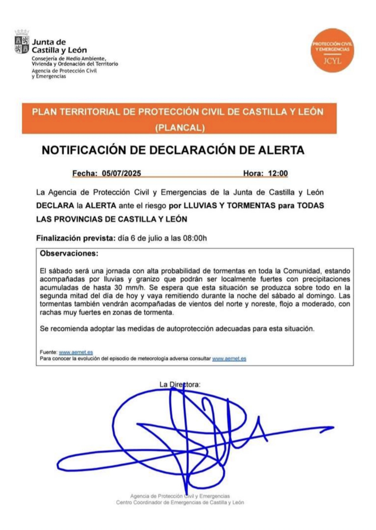 Declaración alerta tormentas